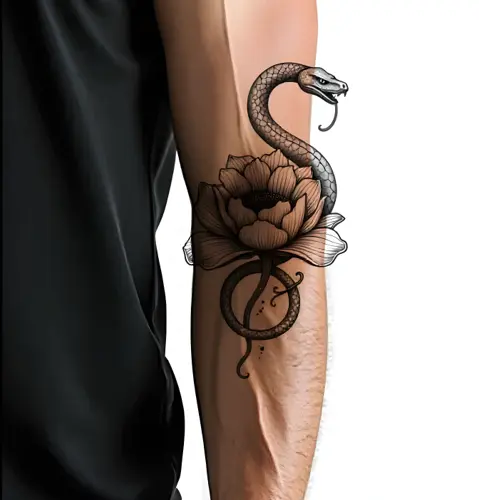 Rendu réaliste du tatouage serpent et pivoine sur le bras, généré par l'IA Tatua