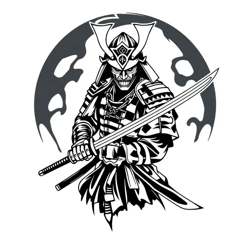 Tatouage samouraï style blackwork, design généré par IA