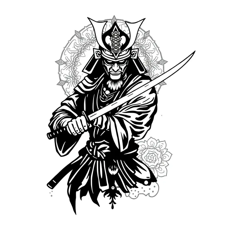 Tatouage samouraï style dotwork, design généré par IA