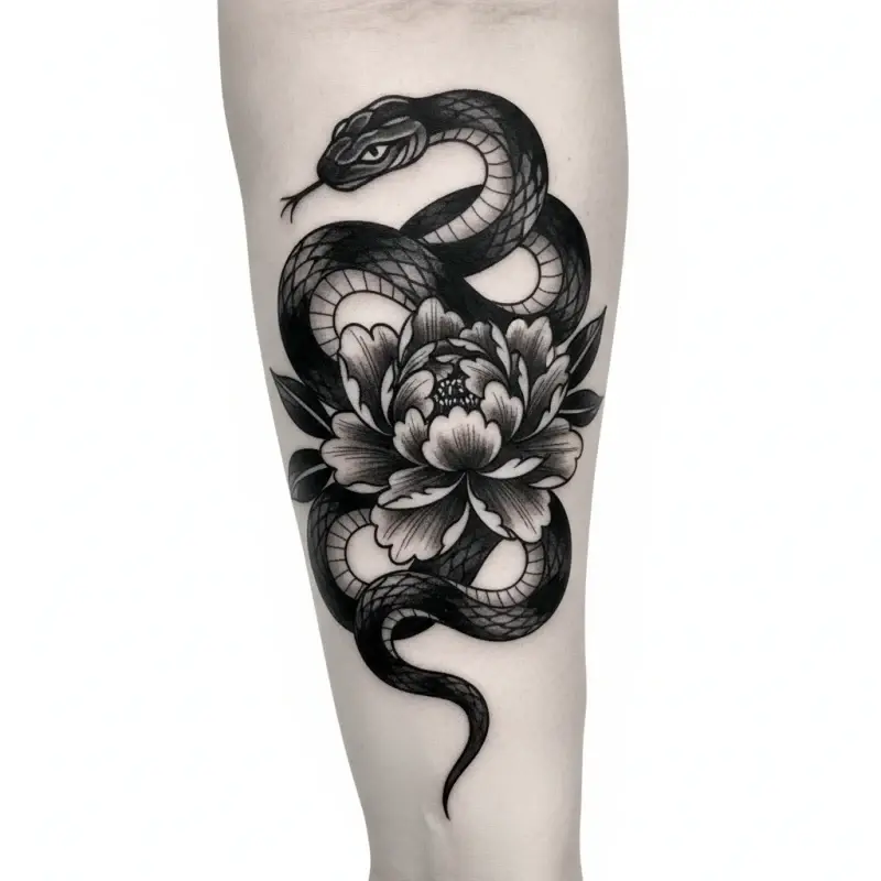 Tatouage serpent et pivoine blackwork