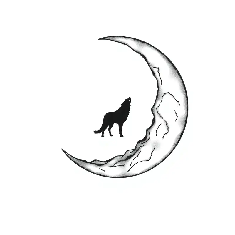 Loup avec lune fracturée dominante, fine line mystique