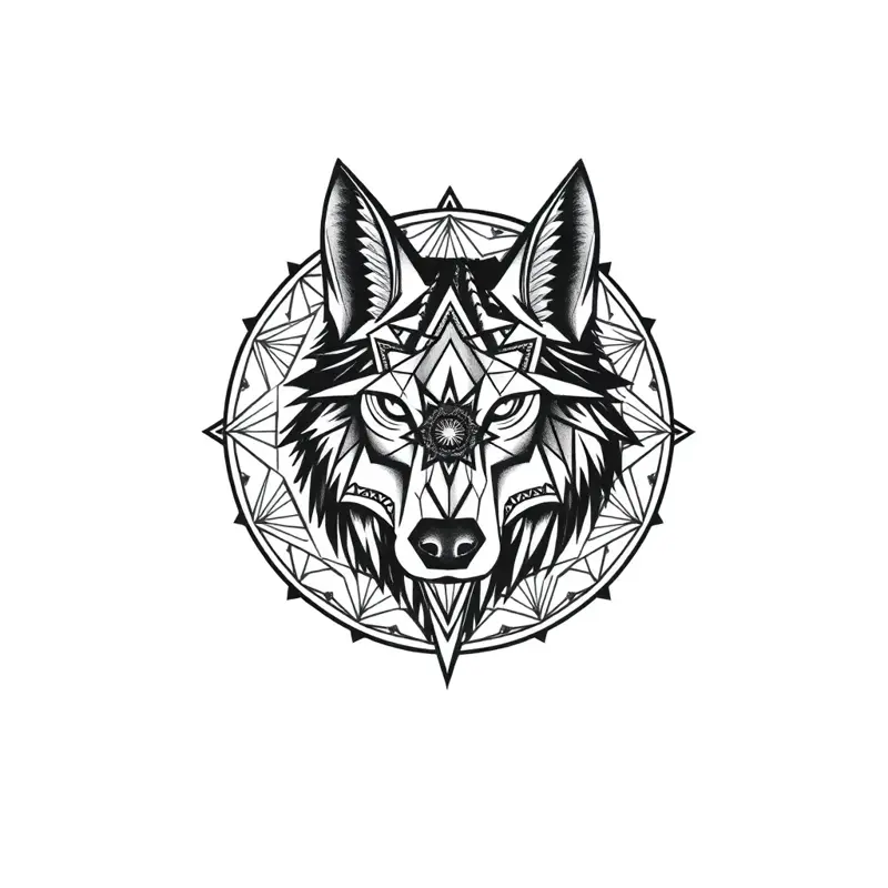 Loup avec mandala géométrique sacré, blackwork mystique
