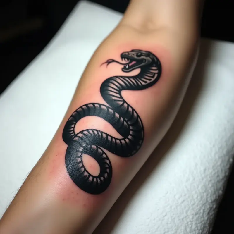 Tatouage serpent blackwork noir et gris