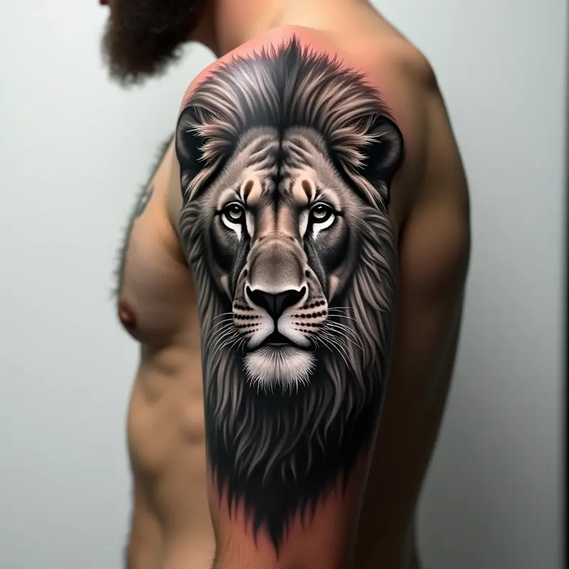 Tatouage lion réaliste noir et gris