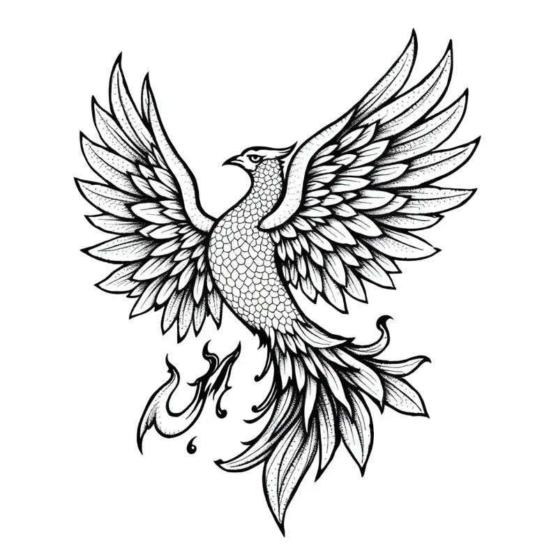 Tatouage phénix style dotwork, design généré par IA