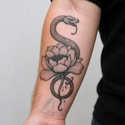 Le même motif, un serpent enroulé autour d'une fleur, en aperçu sur l'avant-bras