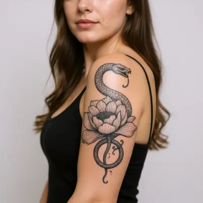 Le même motif serpent et fleur en aperçu sur l'épaule