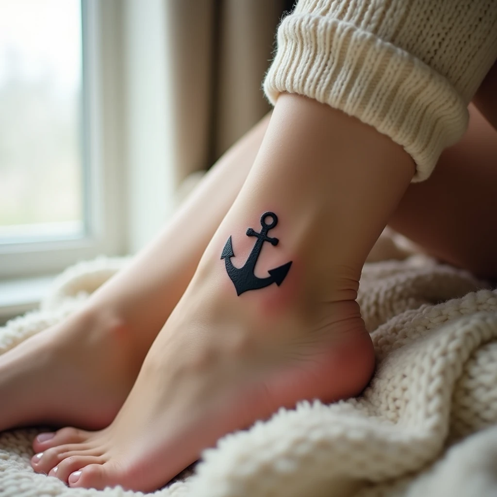 Tatouage ancre sur cheville, rendu réaliste généré avec Tatua