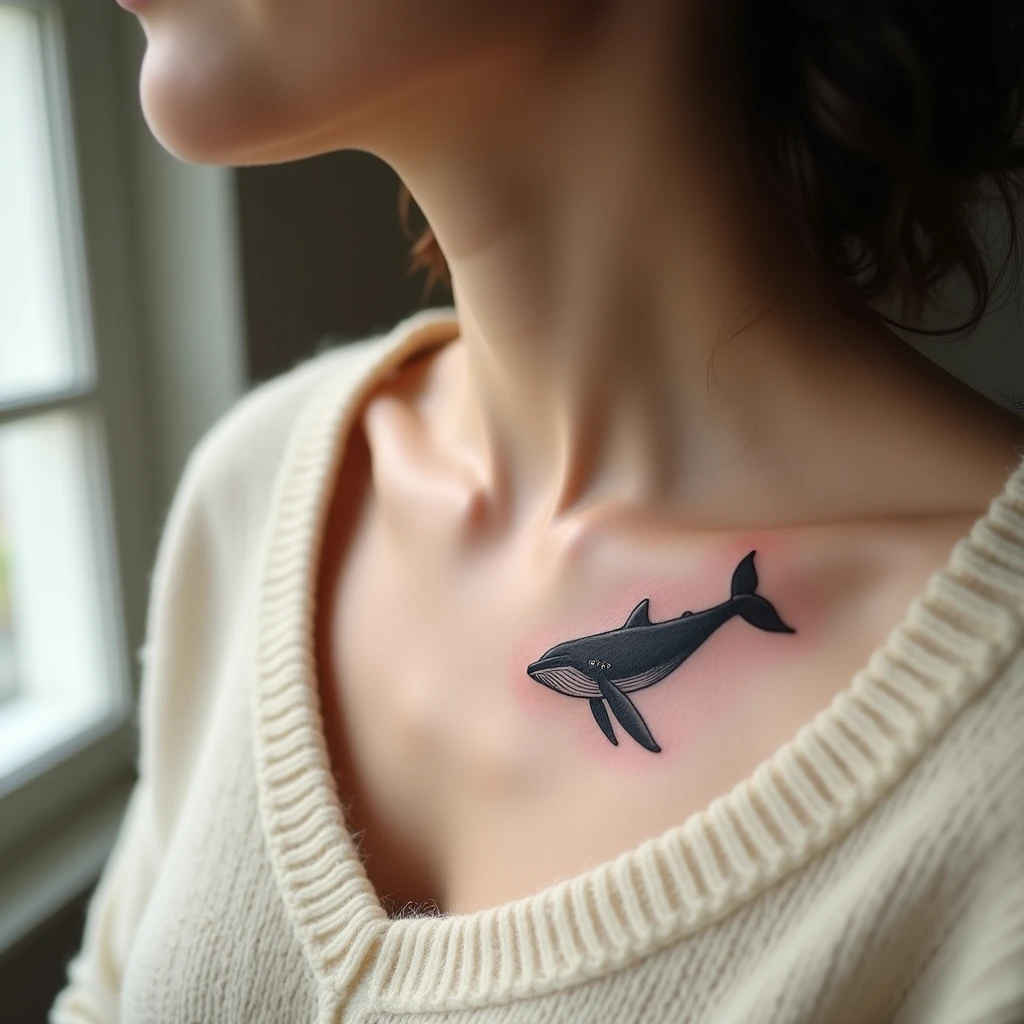 Tatouage baleine sur clavicule, rendu réaliste généré avec Tatua