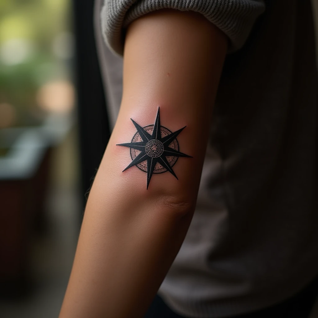 Tatouage boussole sur avant-bras, rendu réaliste généré avec Tatua