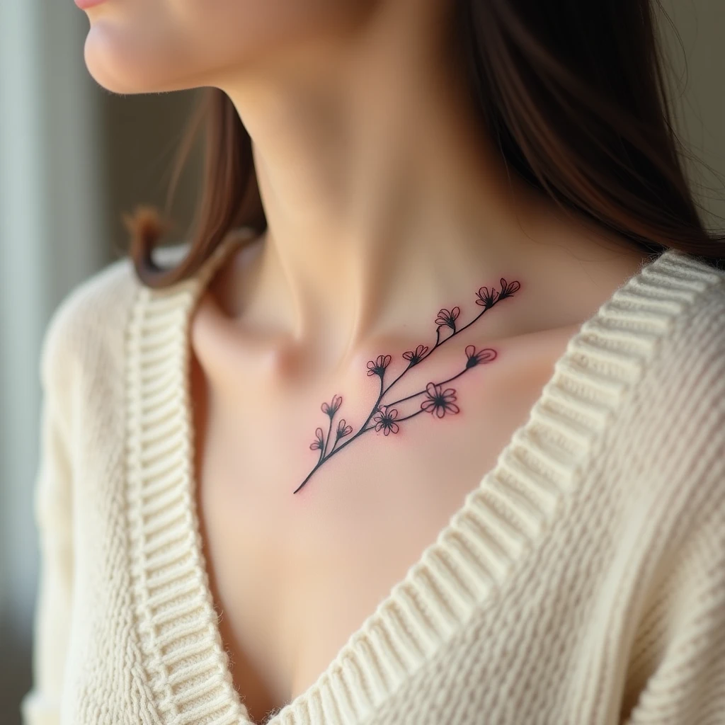 Tatouage cerisier sur clavicule, rendu réaliste généré avec Tatua