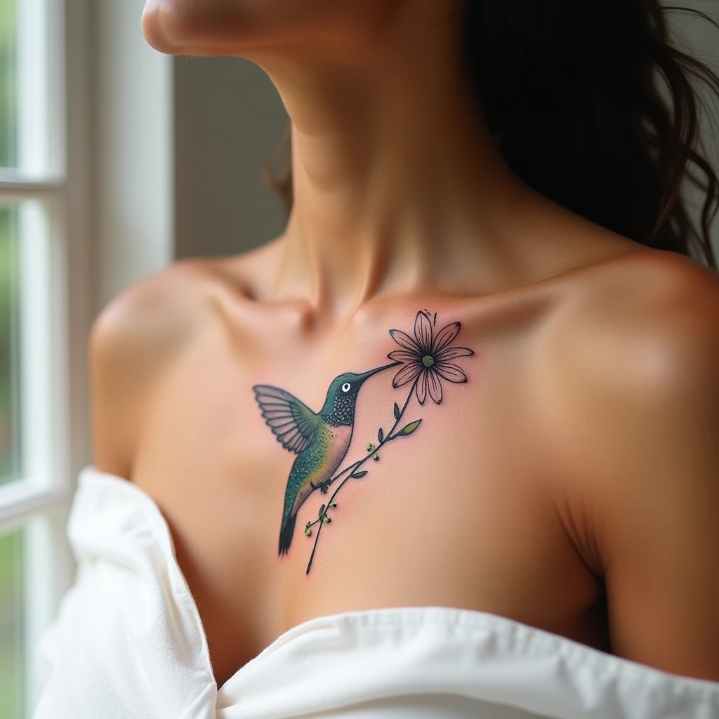Tatouage colibri sur clavicule, rendu réaliste généré avec Tatua