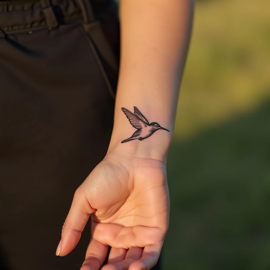 Tatouage colibri sur poignet, rendu réaliste généré avec Tatua