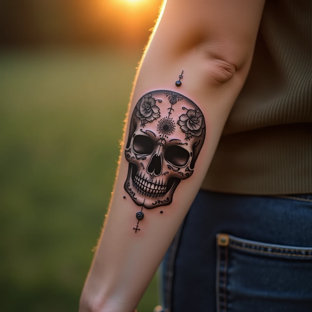Tatouage crâne sur avant-bras, rendu réaliste généré avec Tatua