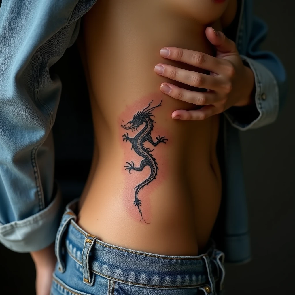 Tatouage dragon sur côtes, rendu réaliste généré avec Tatua