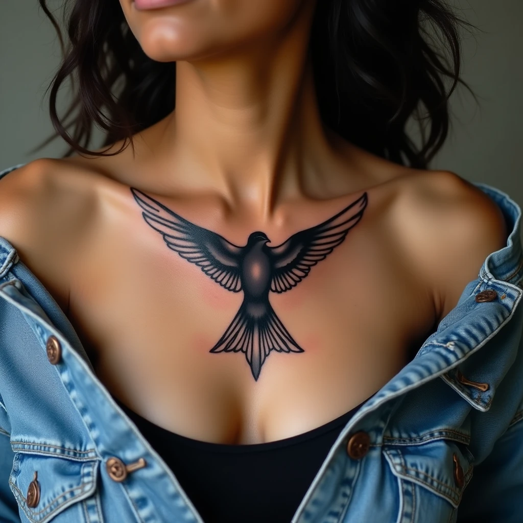 Tatouage hirondelle sur clavicule, rendu réaliste généré avec Tatua