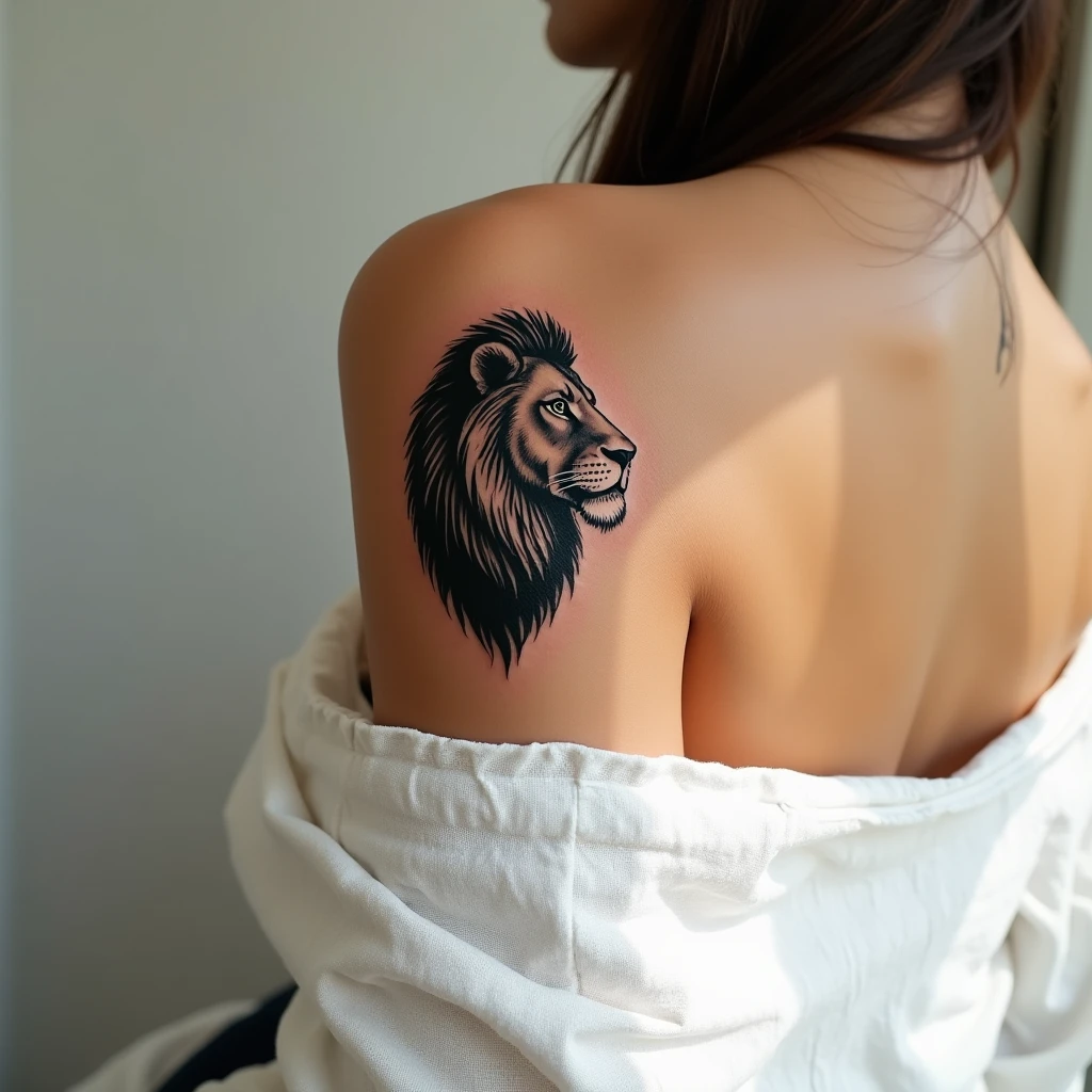 Tatouage lion sur épaule, rendu réaliste généré avec Tatua