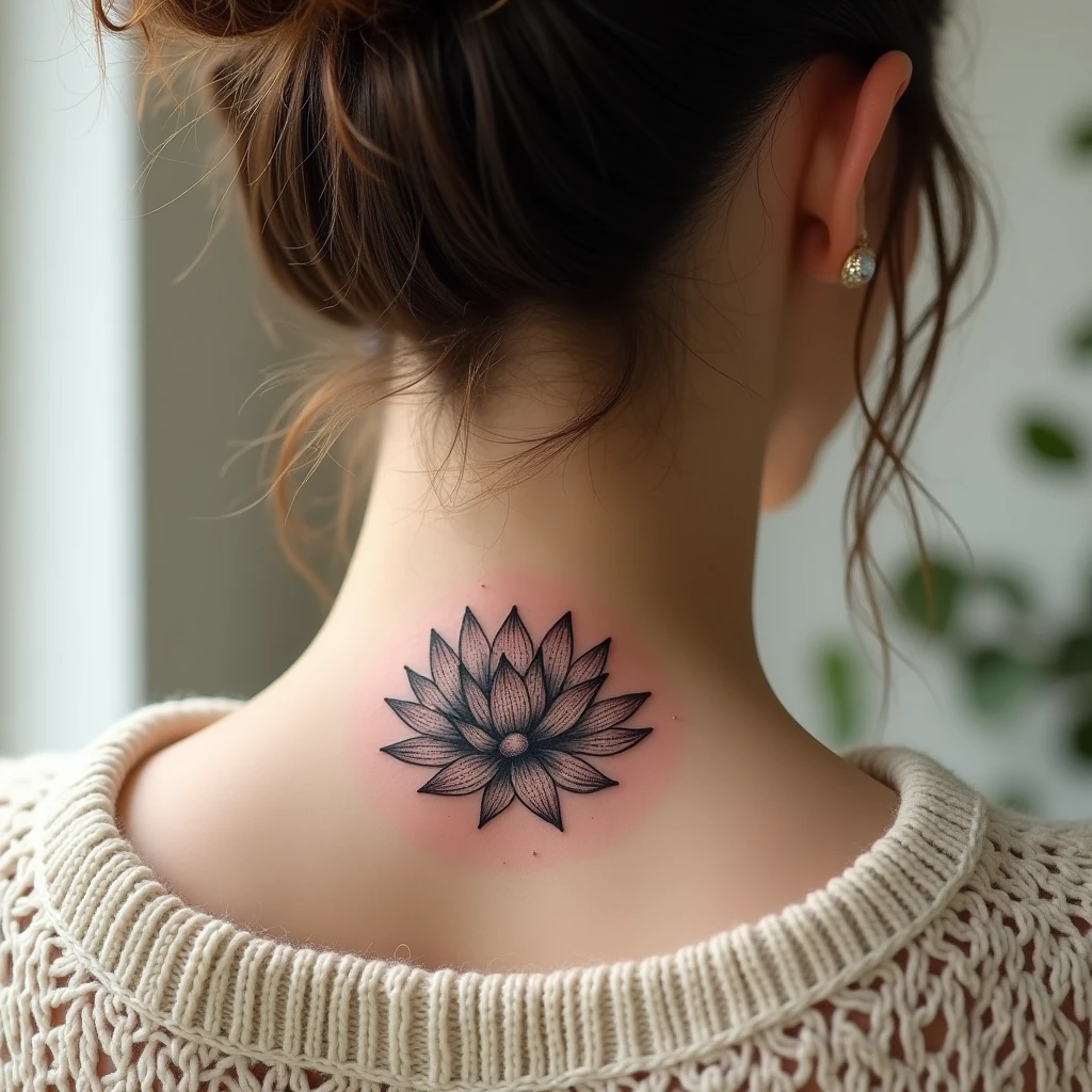 Tatouage lotus sur nuque, rendu réaliste généré avec Tatua