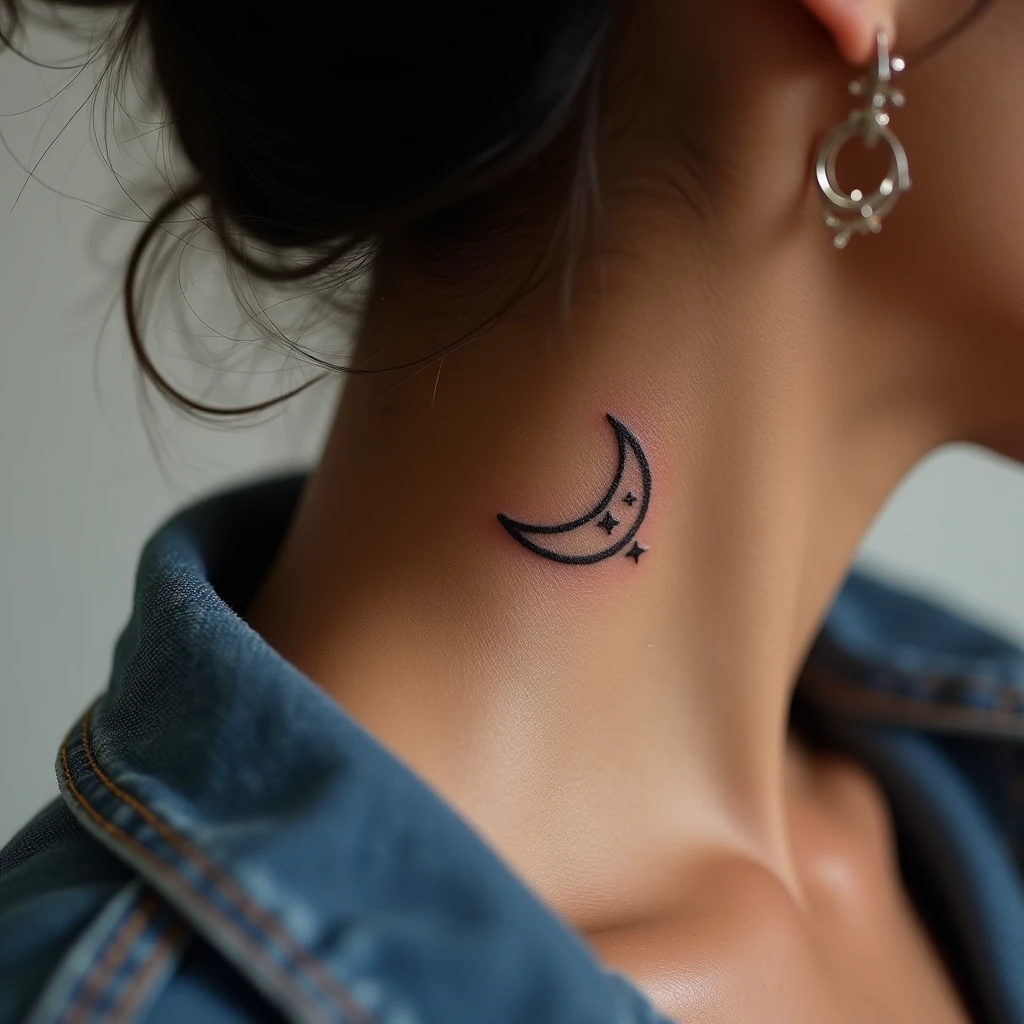 Tatouage lune sur nuque, rendu réaliste généré avec Tatua