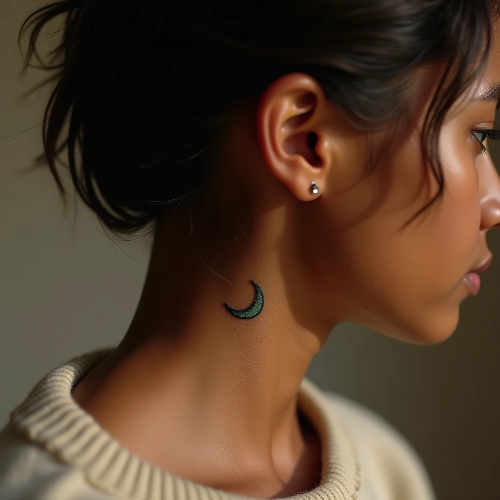 Tatouage lune sur derrière l'oreille, rendu réaliste généré avec Tatua