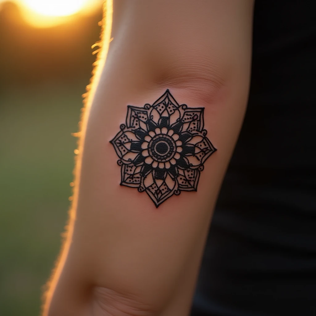 Tatouage mandala sur avant-bras, rendu réaliste généré avec Tatua