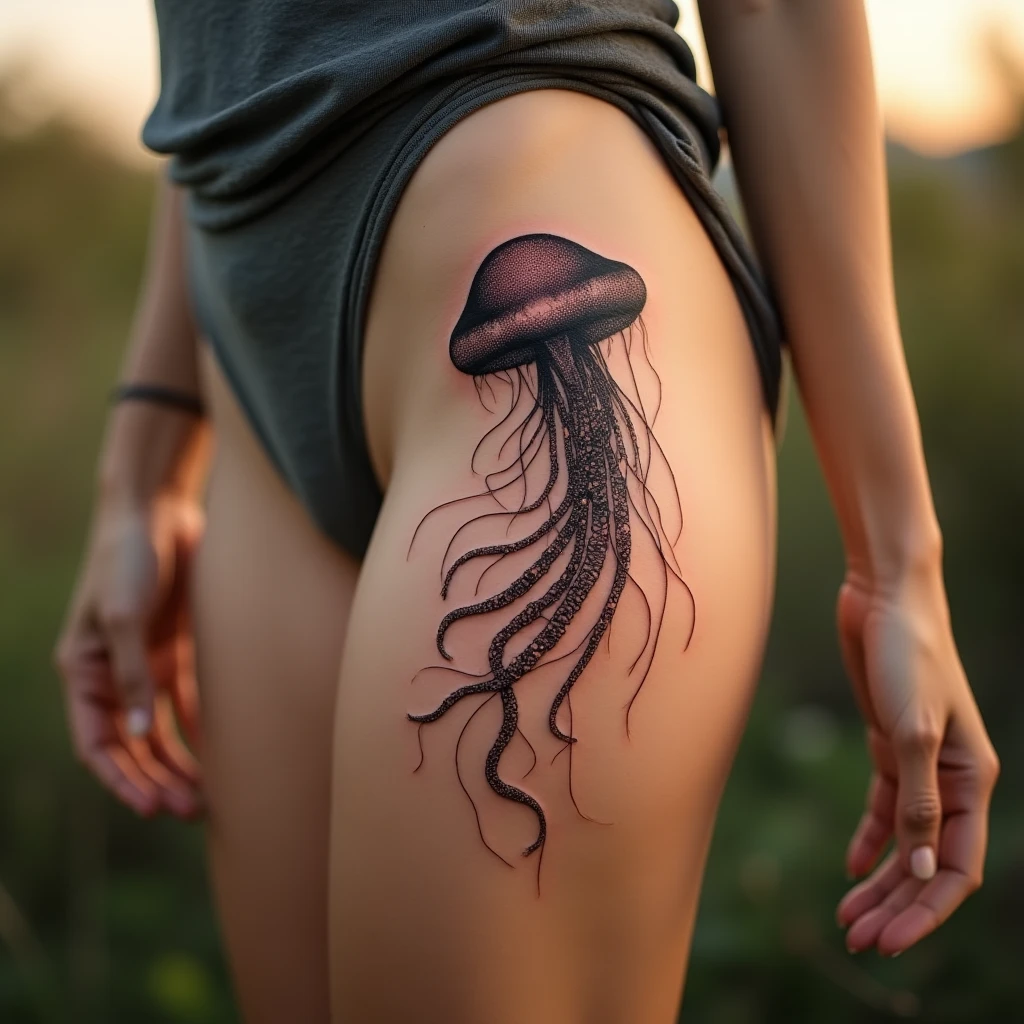 Tatouage méduse sur cuisse, rendu réaliste généré avec Tatua