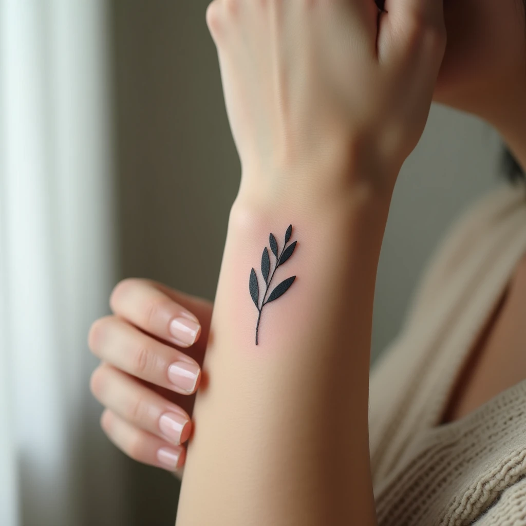Tatouage olivier sur poignet, rendu réaliste généré avec Tatua