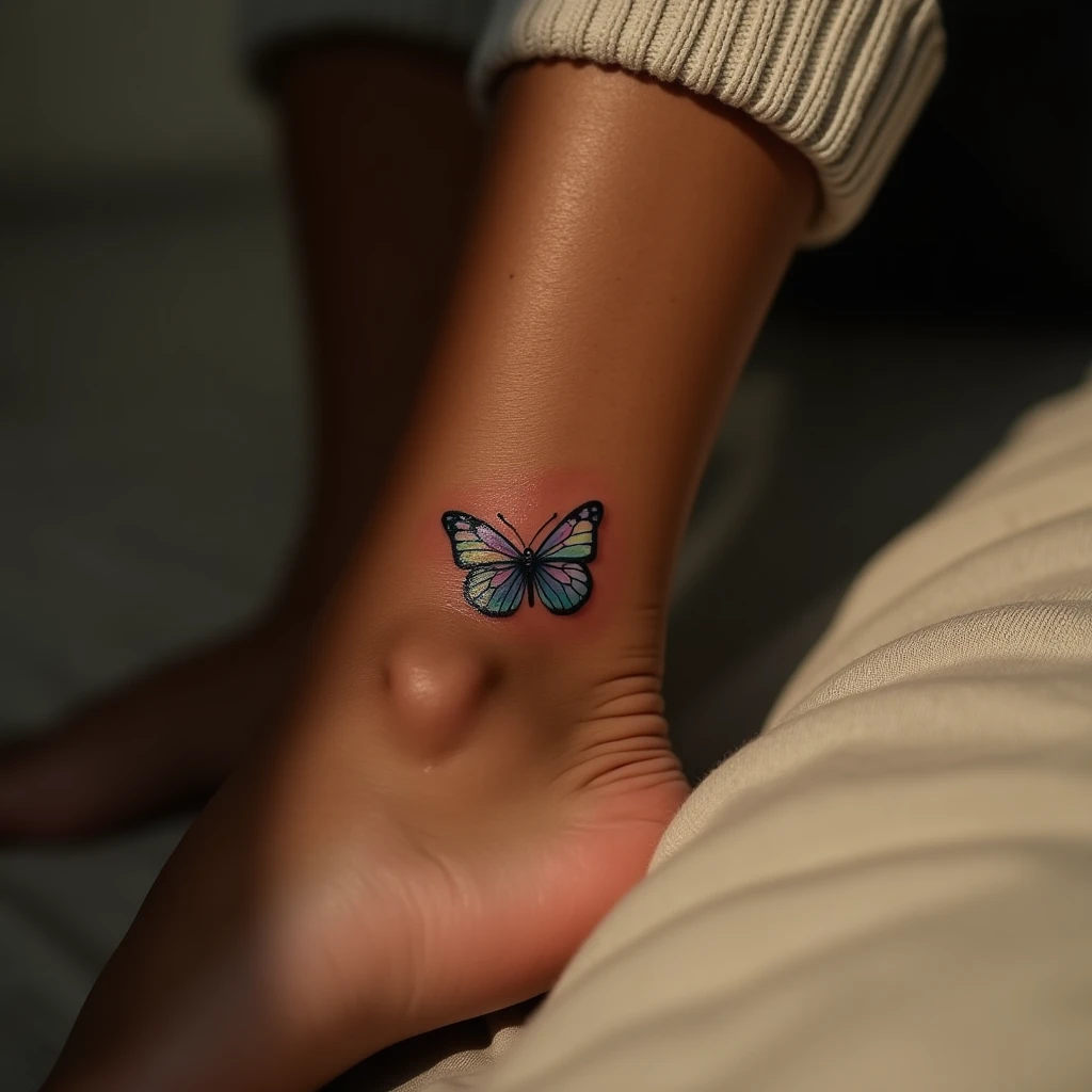 Tatouage papillon sur cheville, rendu réaliste généré avec Tatua