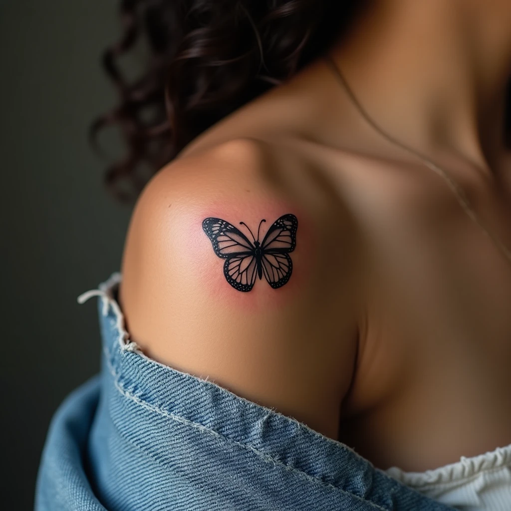 Tatouage papillon sur omoplate, rendu réaliste généré avec Tatua