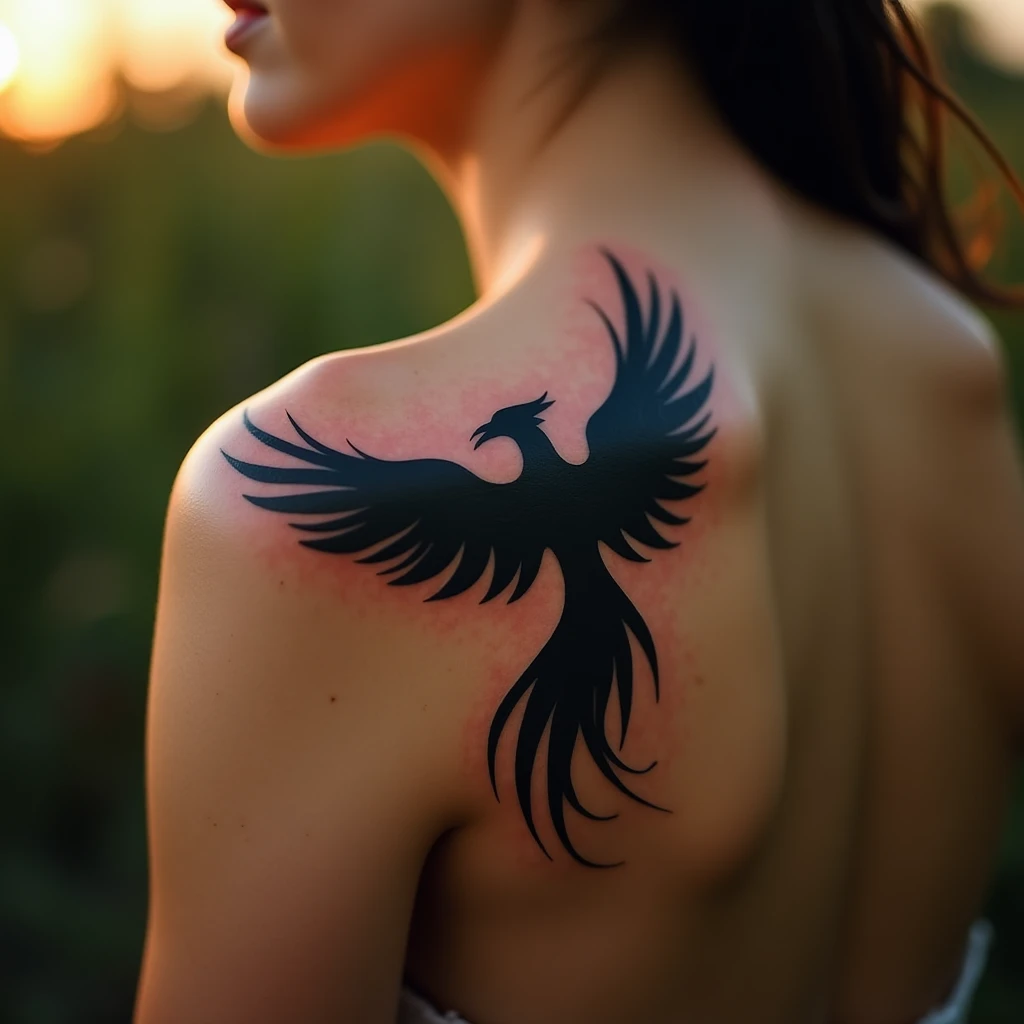 Tatouage phénix sur omoplate, rendu réaliste généré avec Tatua
