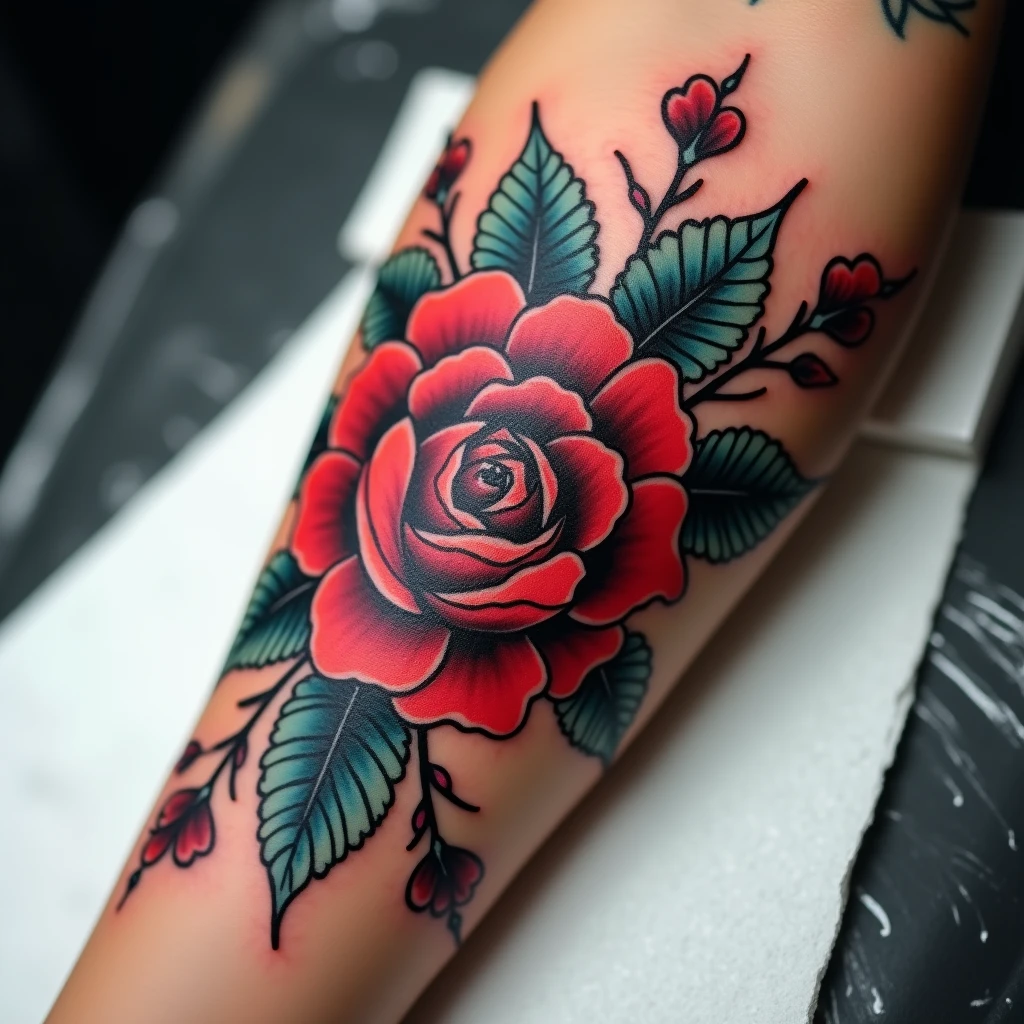 Tatouage rose style japonais irezumi sur avant-bras · Tatua IA