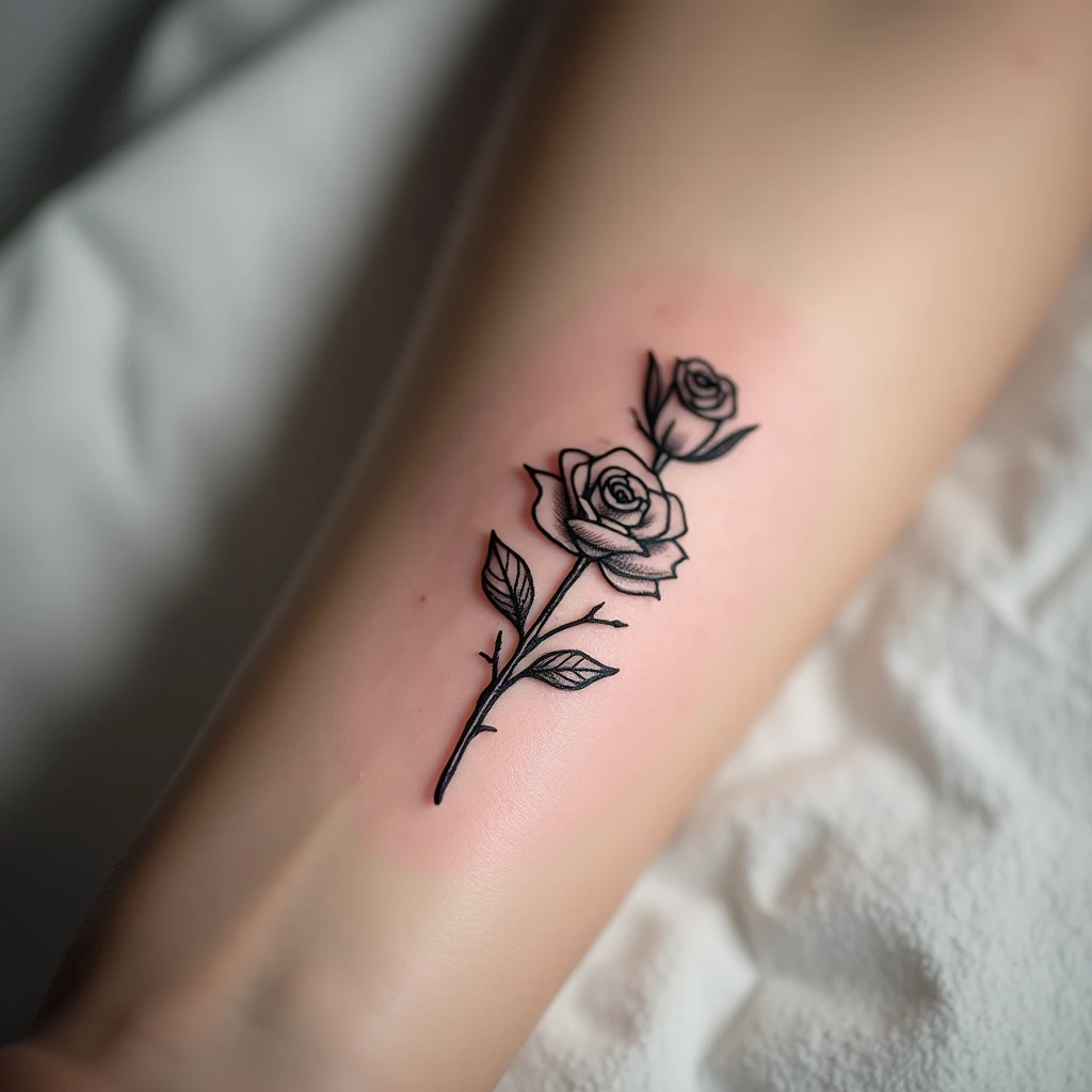 Tatouage rose minimaliste fine line sur avant-bras · Tatua IA
