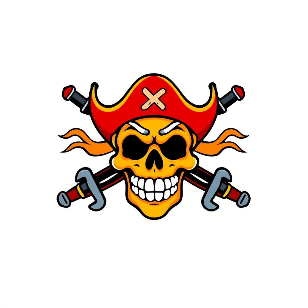 Crâne de pirate cartoon avec chapeau rouge et épées croisées