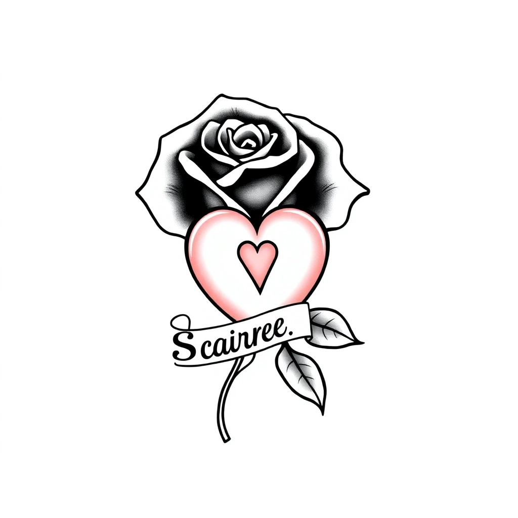 Rose et cœur en black and grey fin, bannière et trait délicat