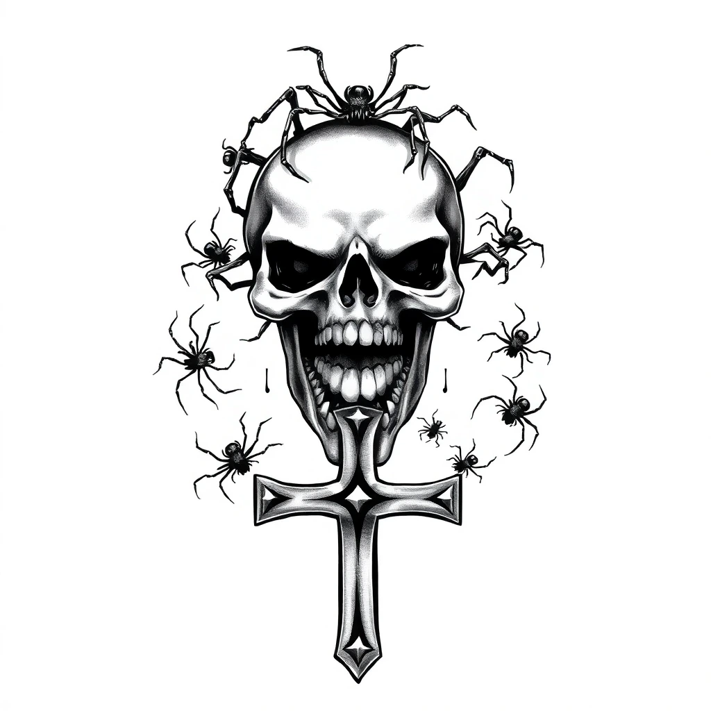 Crâne horreur avec croix ankh et araignées, tatouage noir et gris