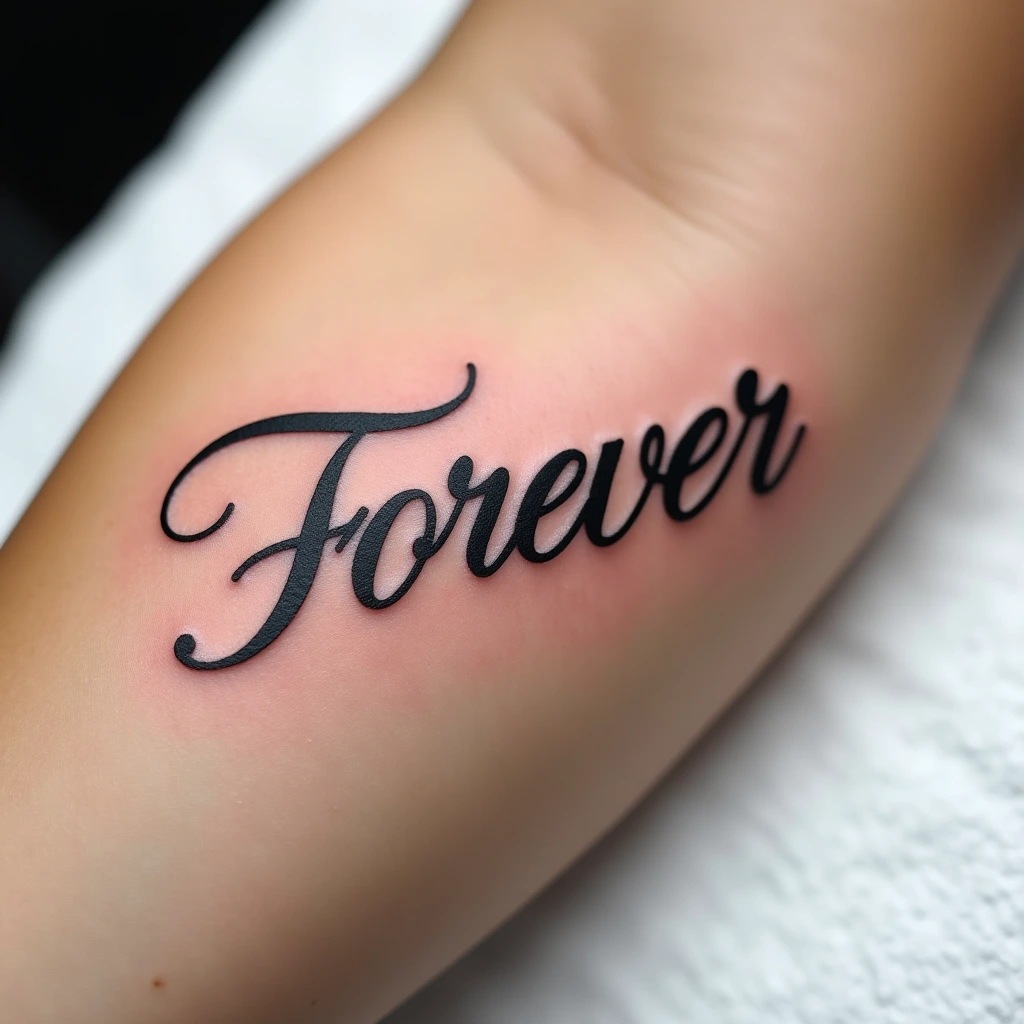 Style lettrage · Forever cursive sur avant-bras · Tatua IA