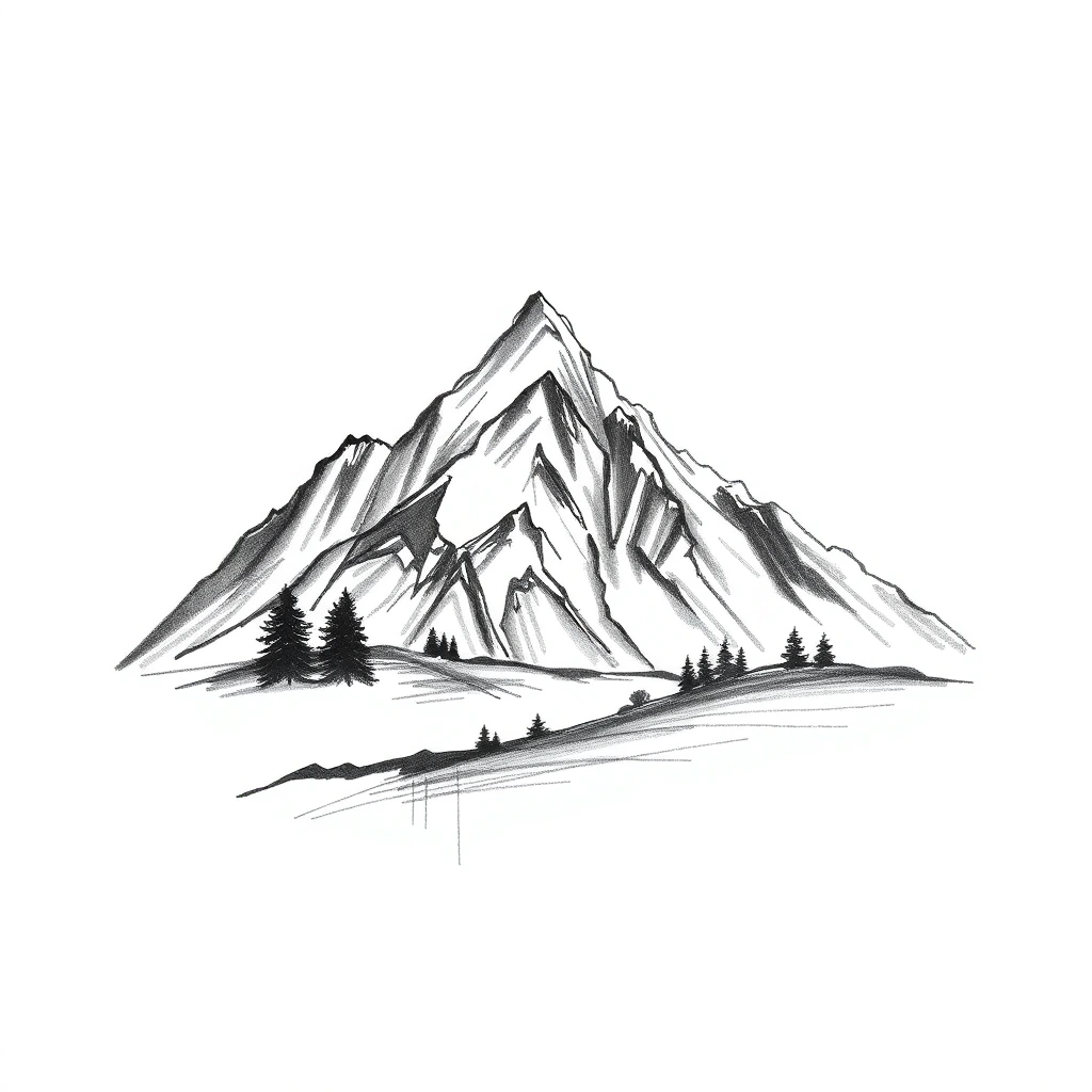 Montagne en style sketch tatouée, traits de construction apparents