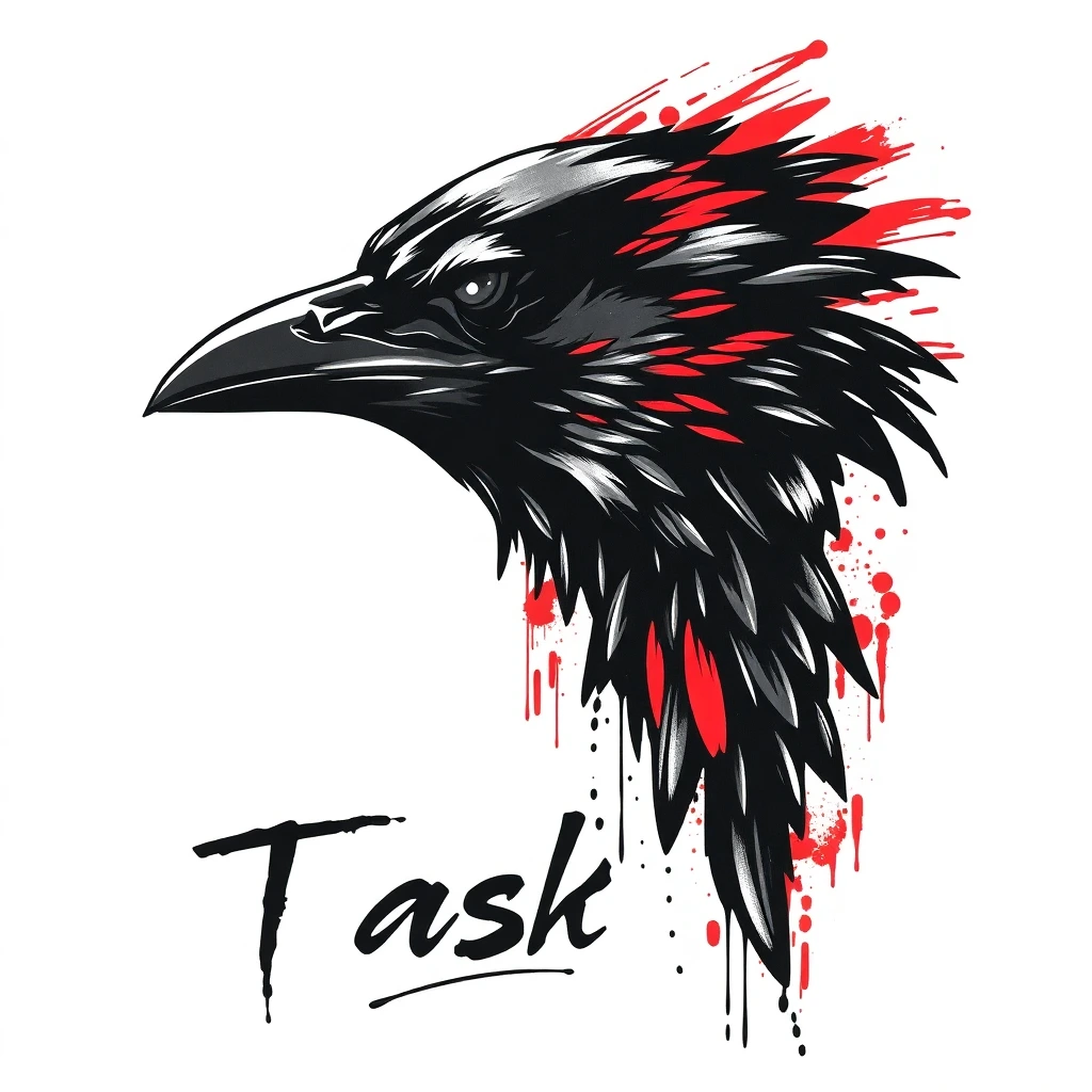 Corbeau trash polka en noir et rouge avec éclaboussures et lettrage