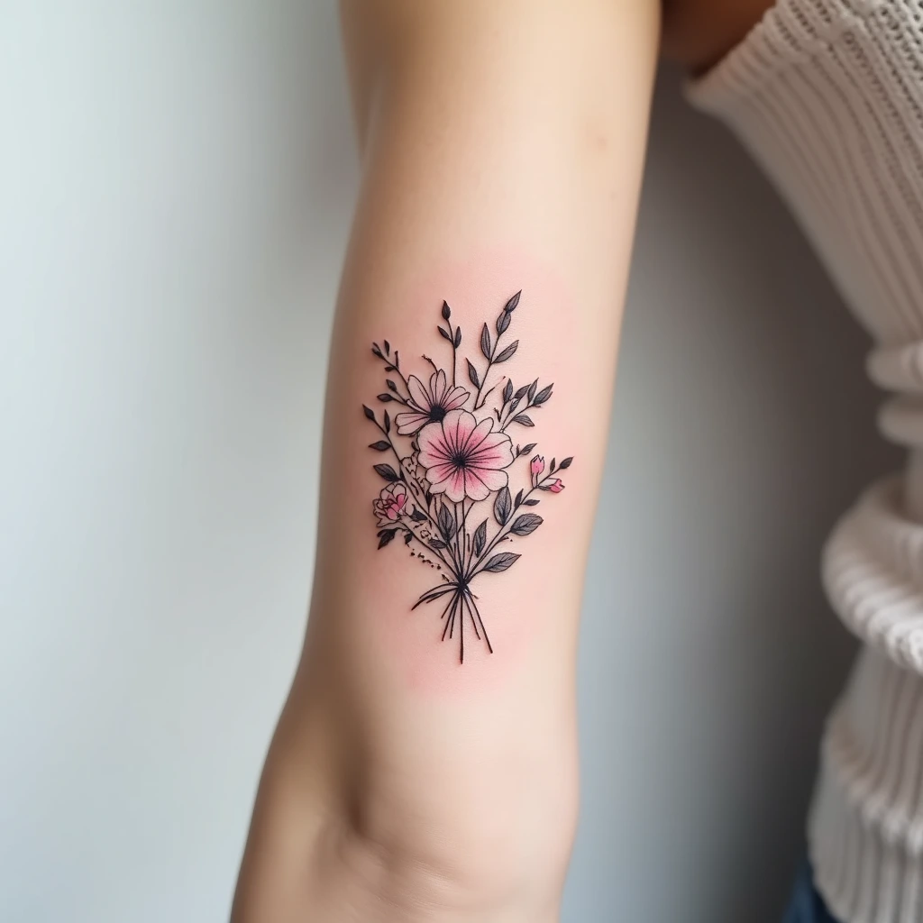 Bouquet de fleurs de naissance fine line