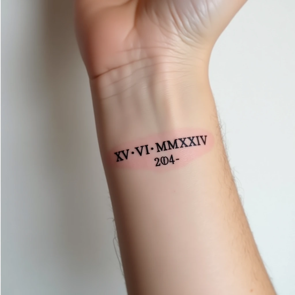 Date en chiffres romains tatouée sur l'avant-bras