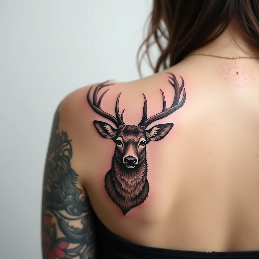 Cerf néo-traditionnel tatoué sur l'épaule, ramure détaillée
