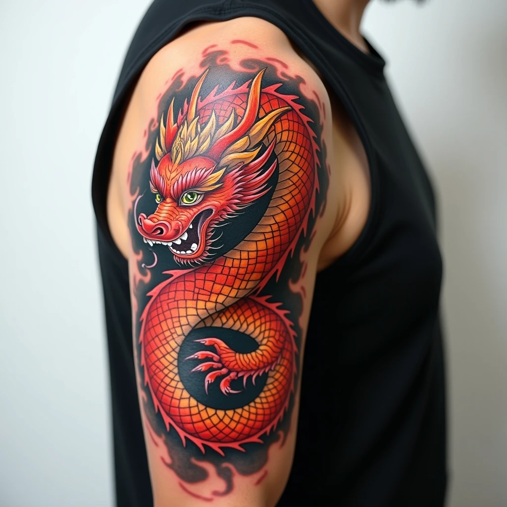 Dragon japonais en couleur tatoué sur l'épaule et le bras