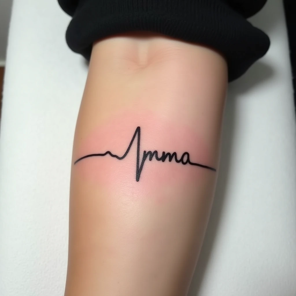 Prénom intégré à une ligne de rythme cardiaque, tatouage fin