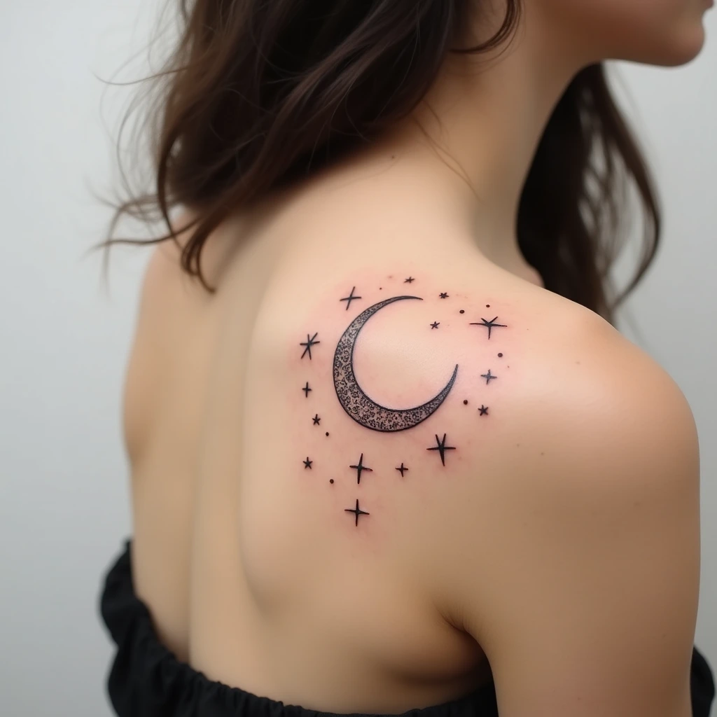 Croissant de lune et étoiles fines tatoués sur l'épaule