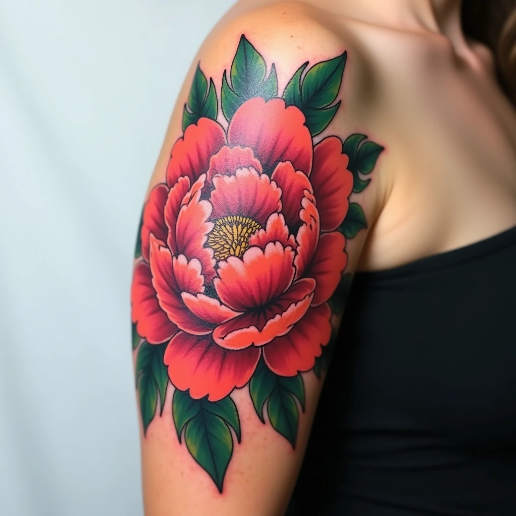Pivoine en couleur saturée tatouée sur l'épaule