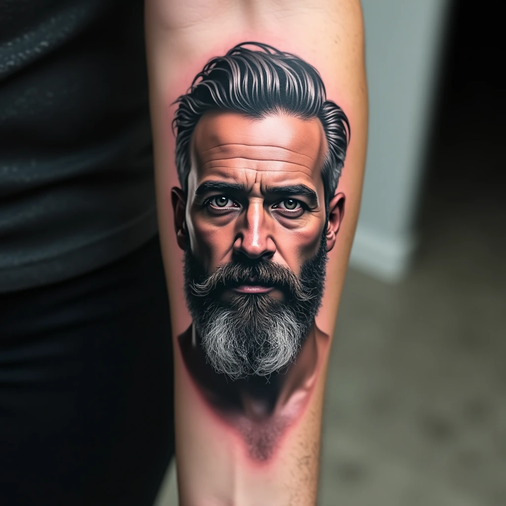 Portrait réaliste d'homme barbu tatoué sur le bras