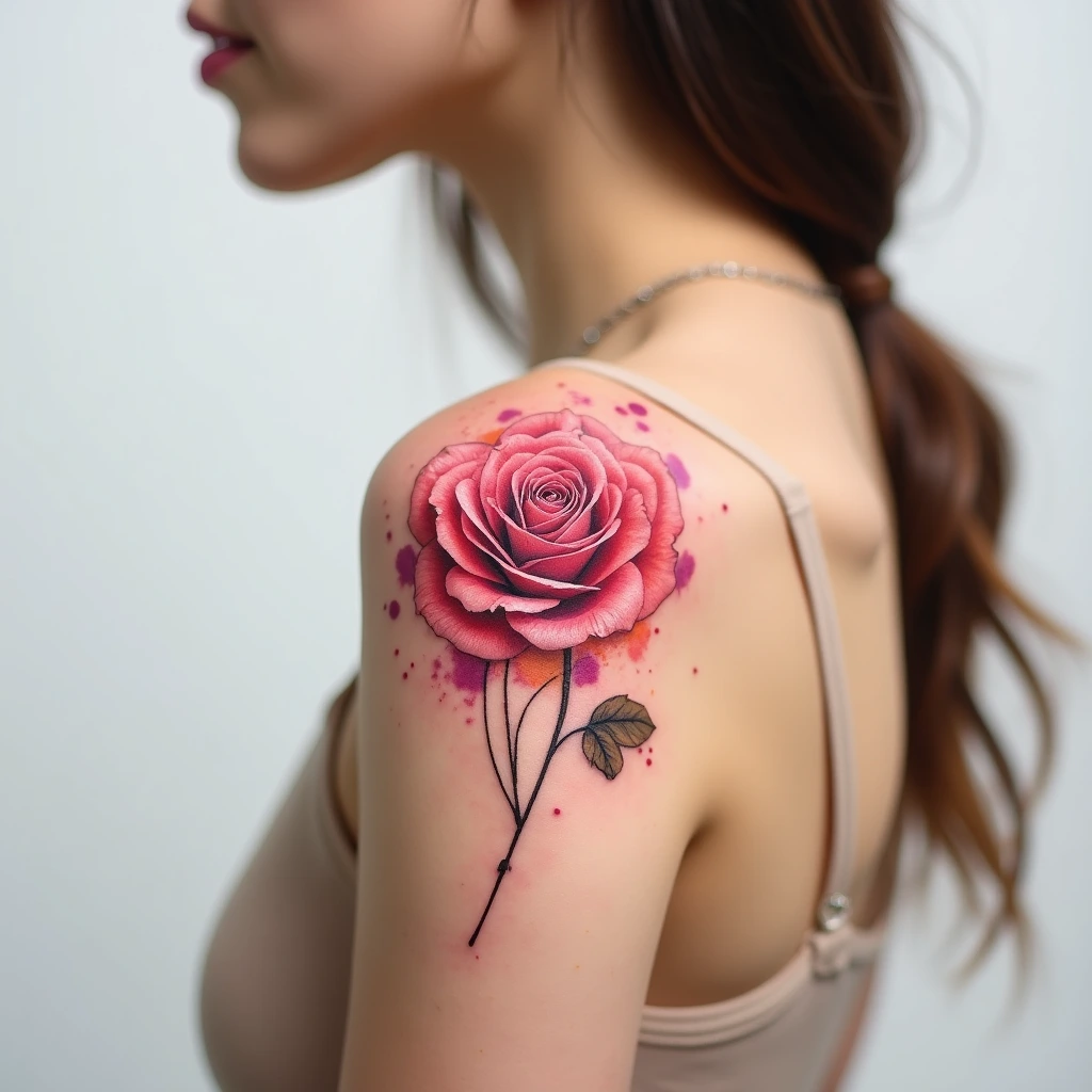 Rose aquarelle tatouée sur l'épaule avec éclaboussures roses