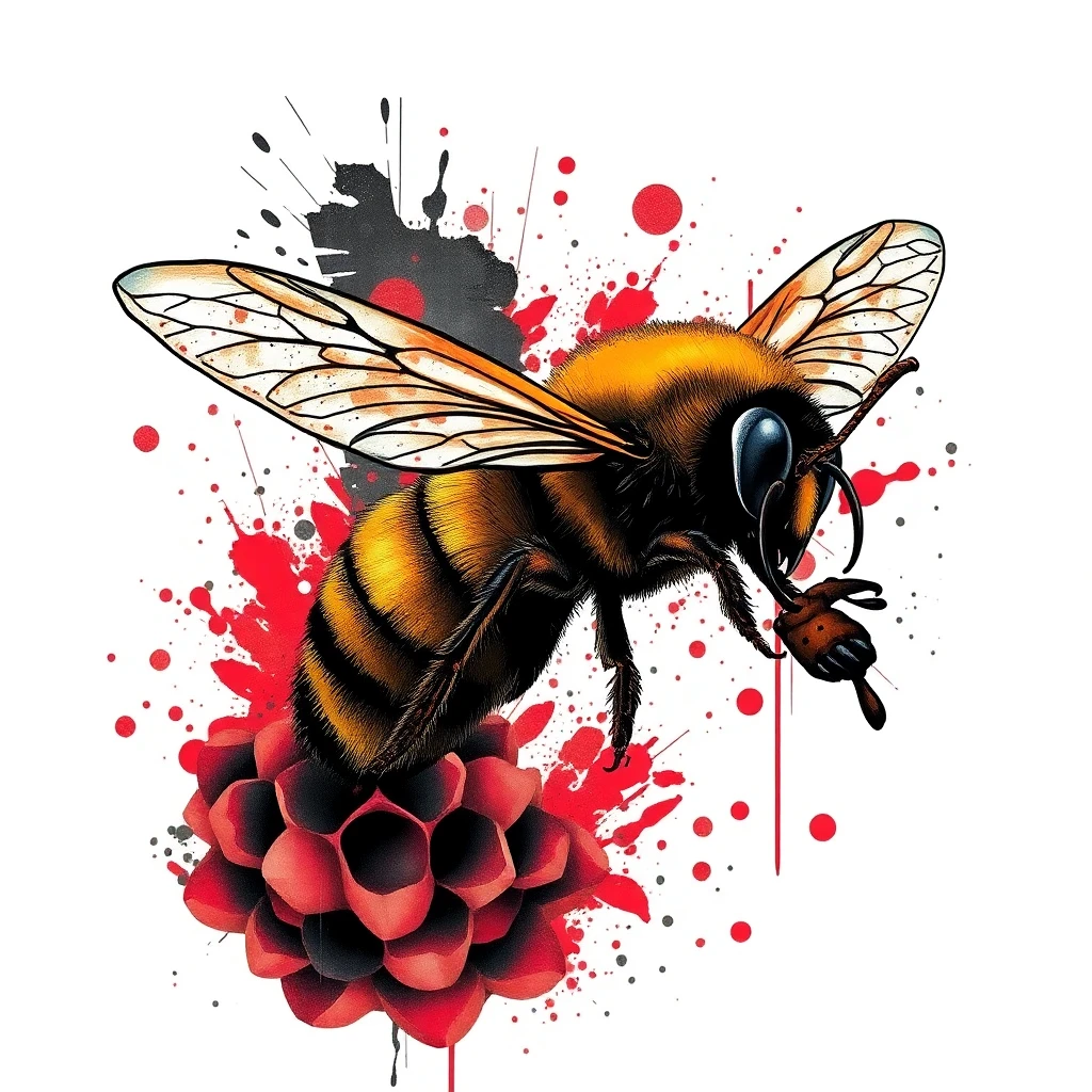 Tatouage abeille en style trash polka, design généré par IA
