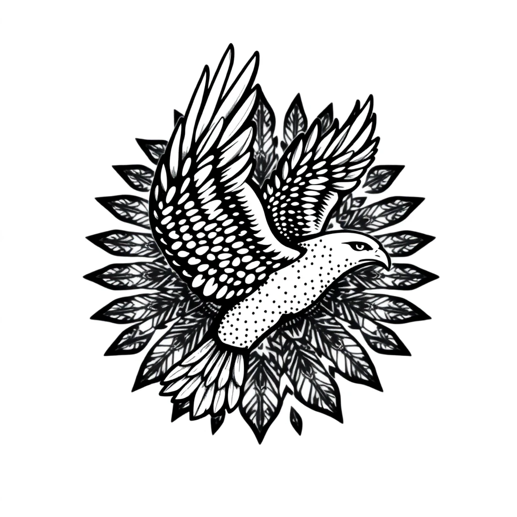 Tatouage aigle en style dotwork, design noir et gris généré avec Tatua