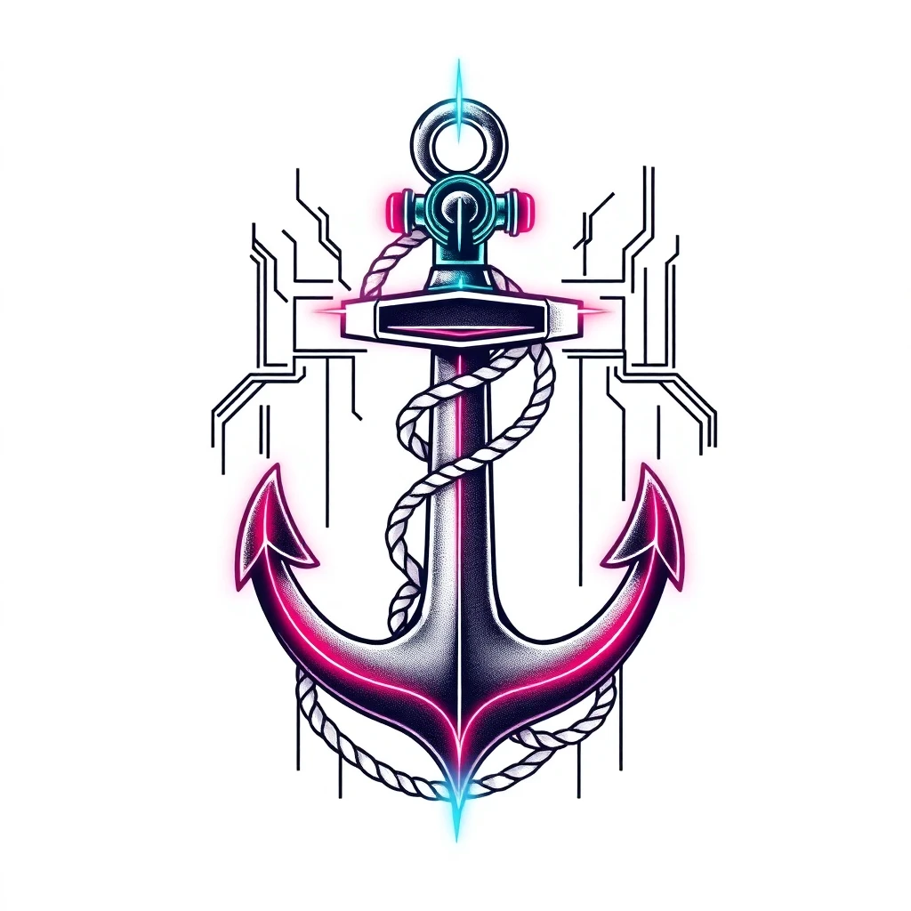 Tatouage ancre en style cyberpunk, design généré par IA